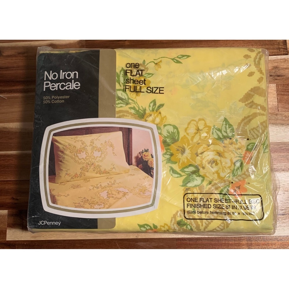 Vintage JCPenney Yellow Floral Full Flat Sheet Retro Cottagecore Boho 70s 80s